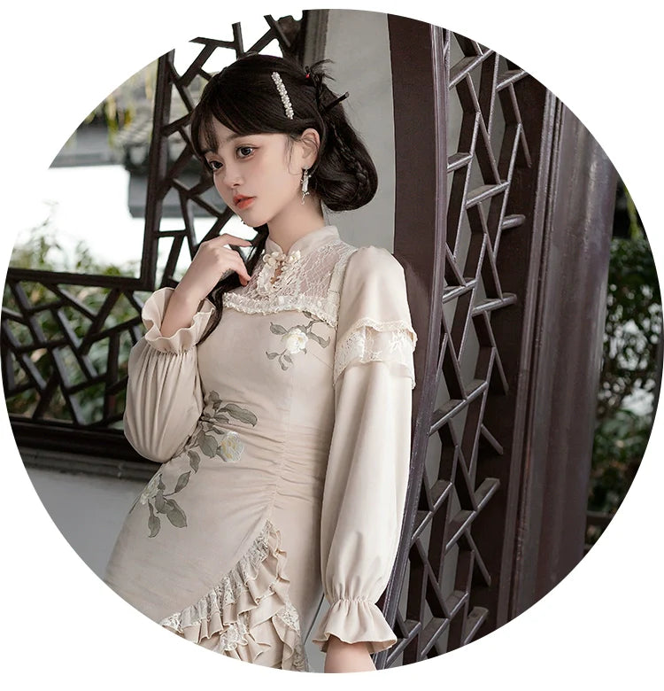 White camellia Chinese dress style one-piece