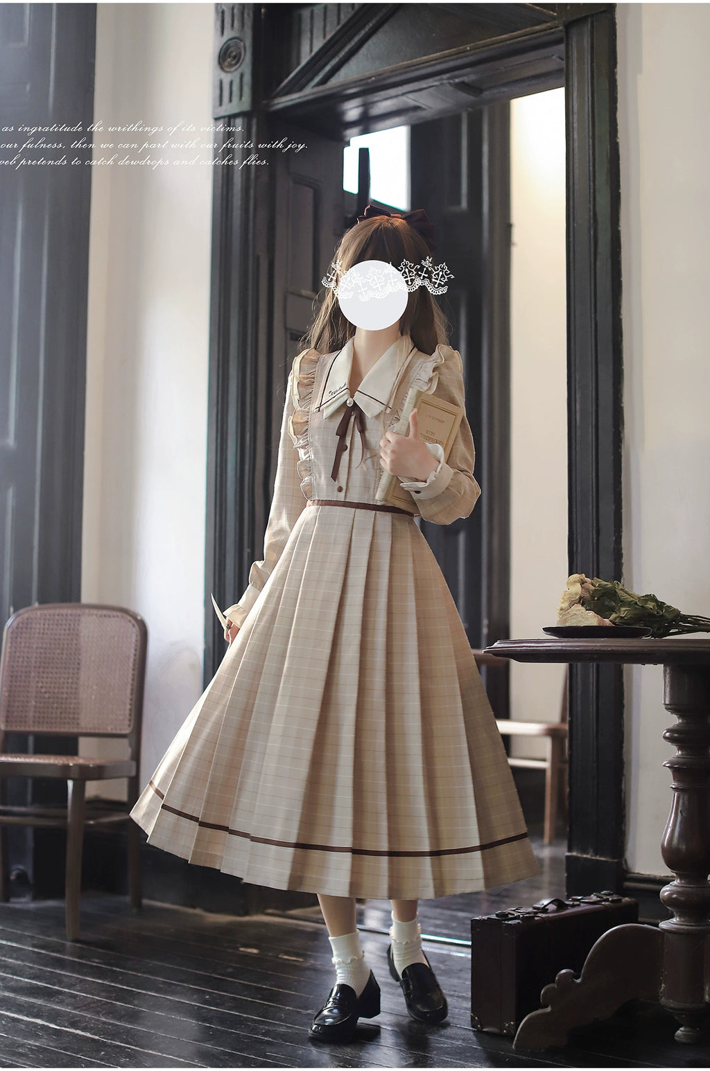 [Pre-order] Betty French Retro Beige Check Long Sleeve Dress