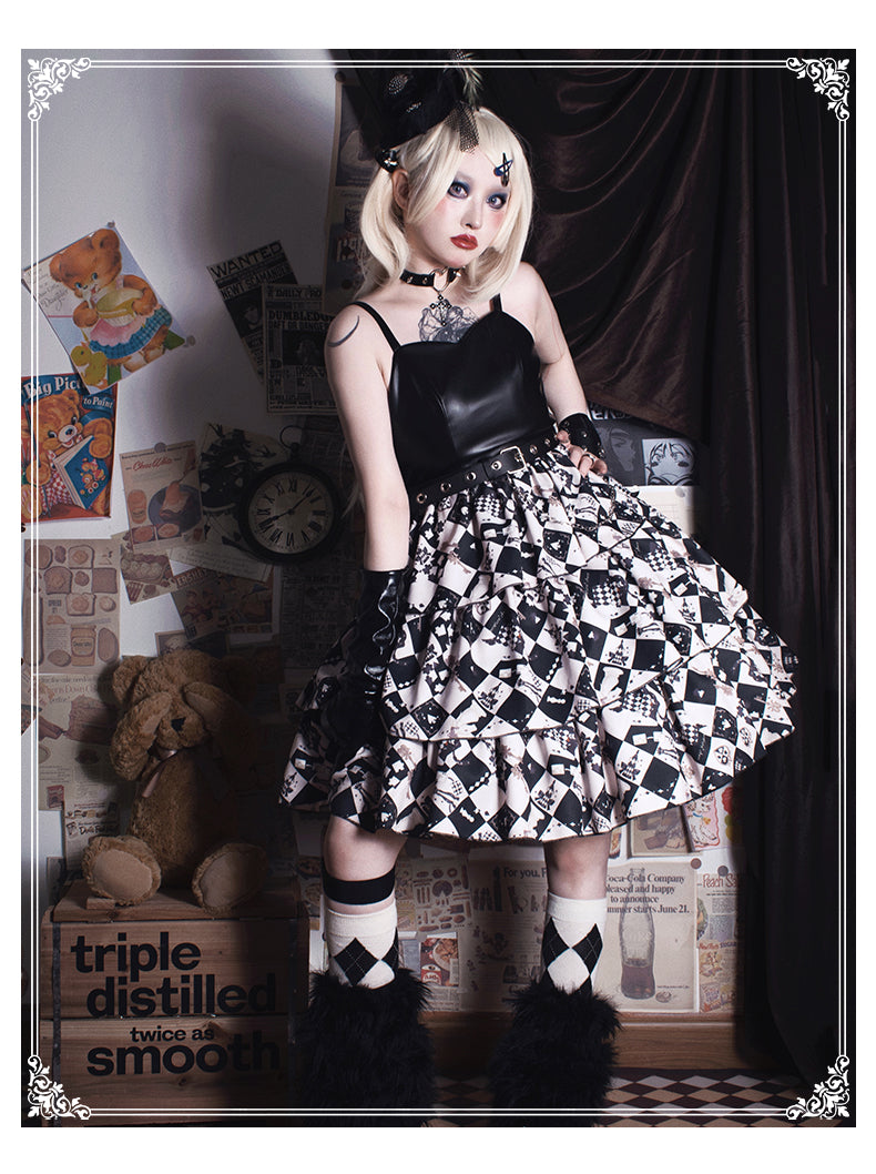 [Reservation sale] Checkerboard punk style jumper skirt with choker and belt
