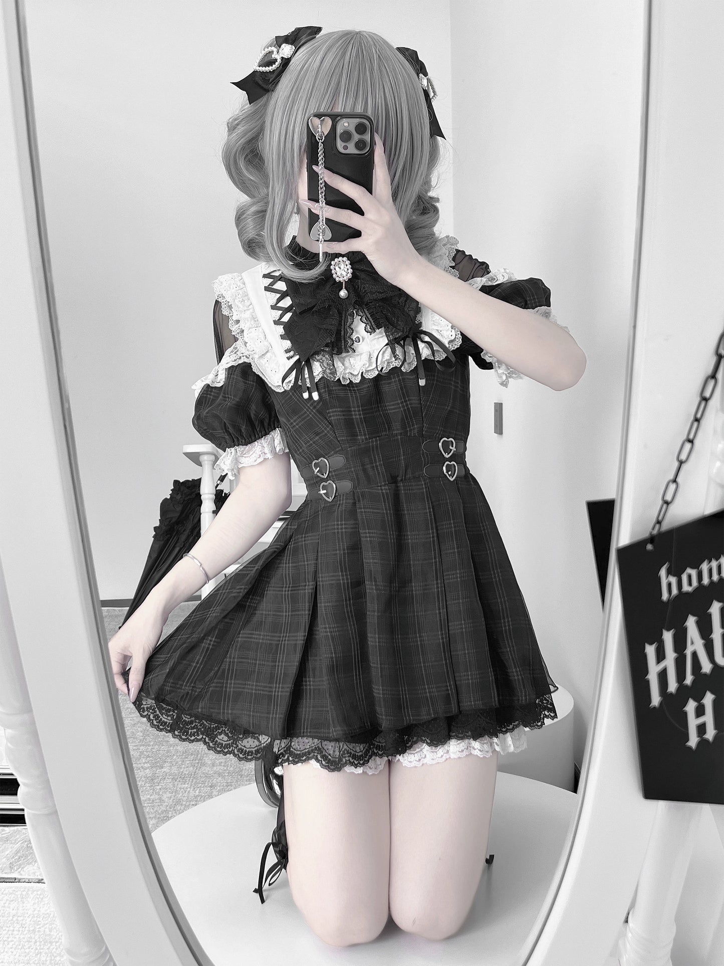 【予約販売】 Angel Heartbeat Black フリルチェックミニ丈ワンピース