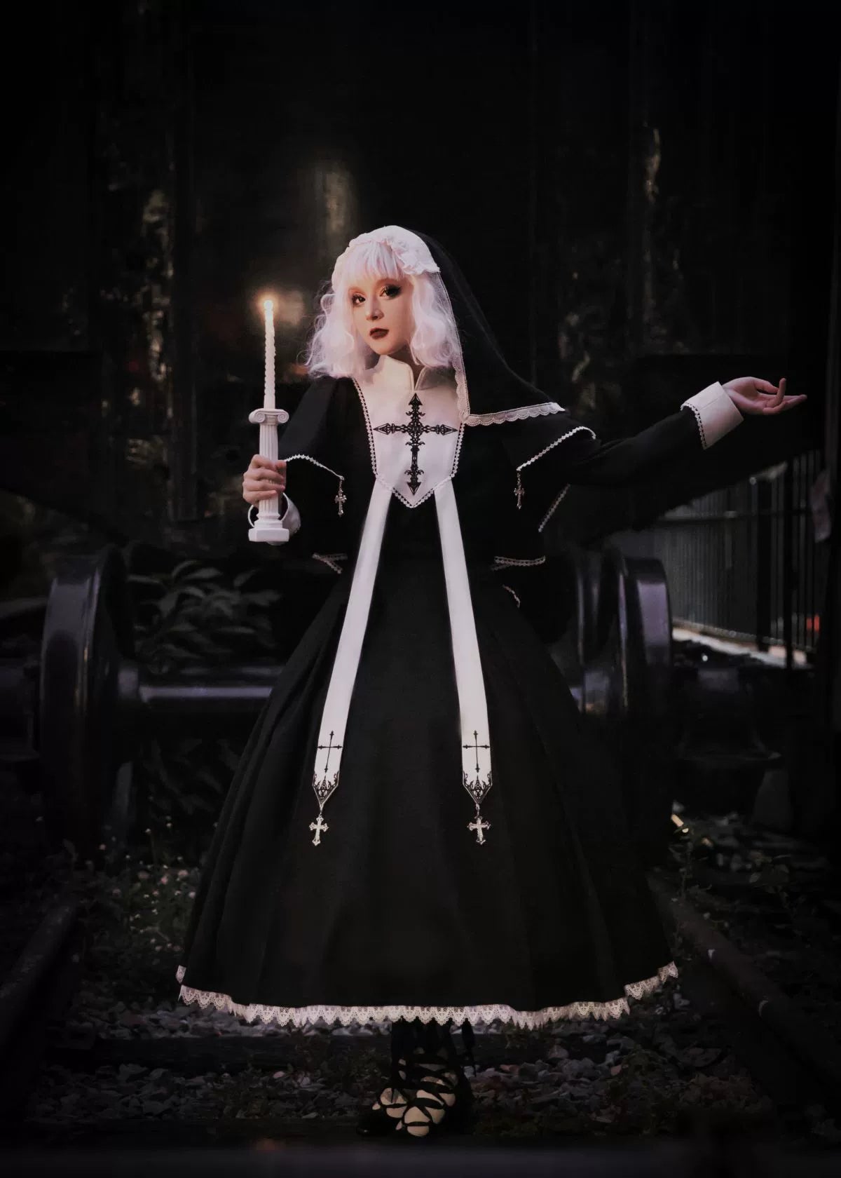 Nun-style cross-design gothic lolita long dress and cape