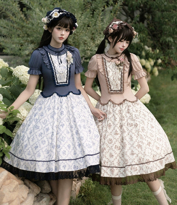 【受注予約7/16まで】花影の午後 くすみカラーの小花プリント切替ワンピース