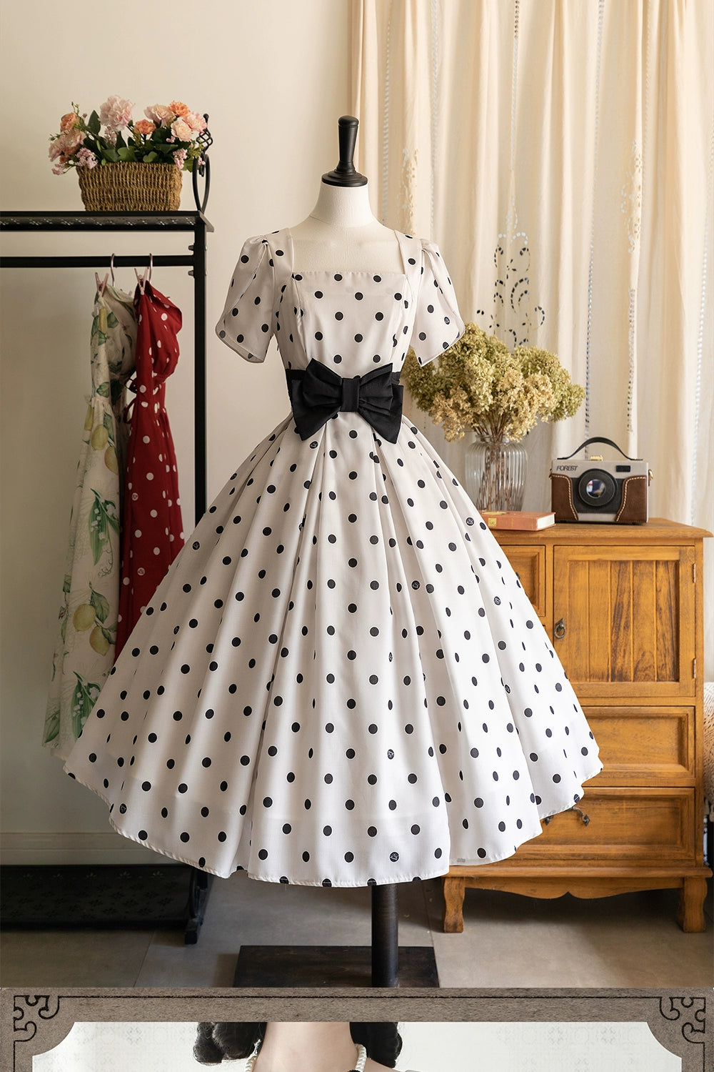 Afternoon Forest Retro Elegant Ribbon Dress with Hair Accessory