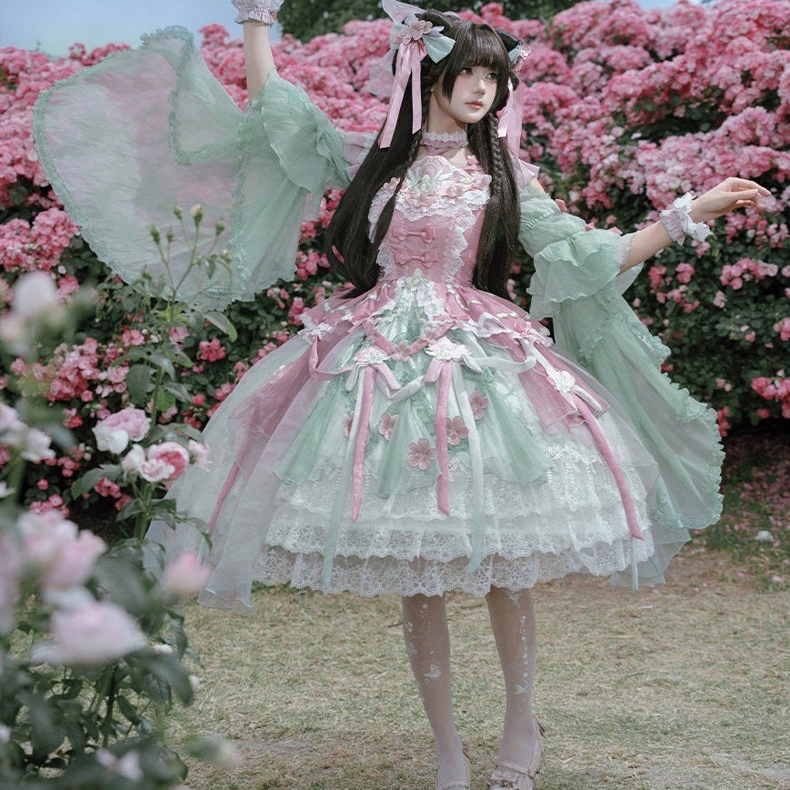 【受注予約6/28まで】瑠璃花霞 華ロリドレス・花見（ピンク×ミント）