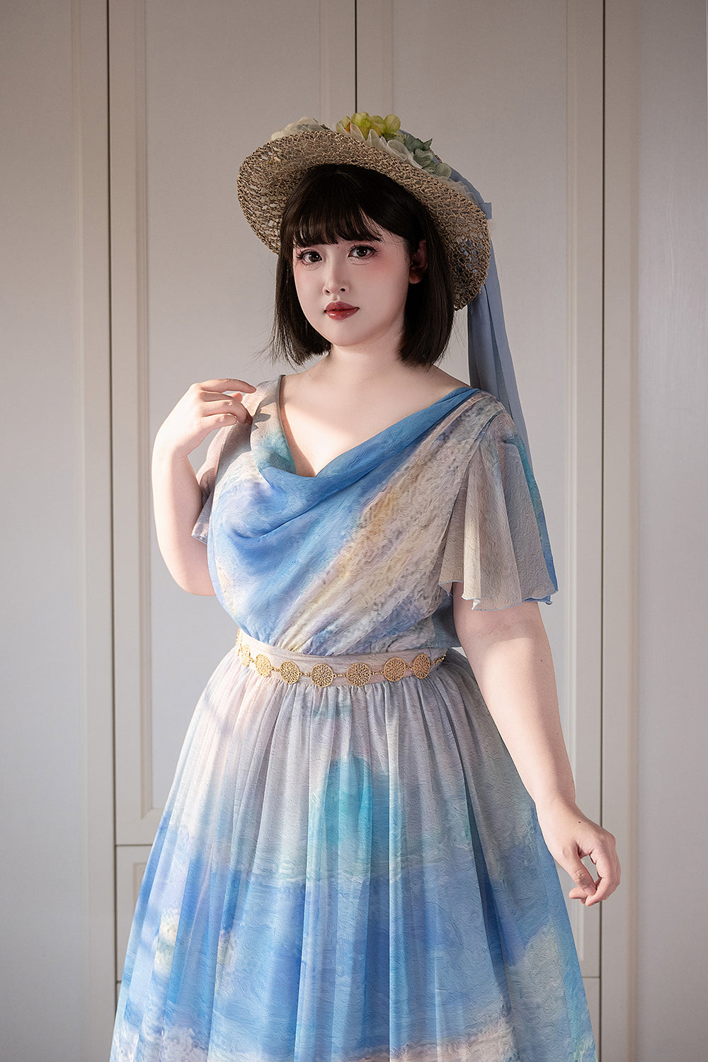 【予約販売】Elegance Greek 油彩画風プリントフレアスリーブジャンパースカート・新色