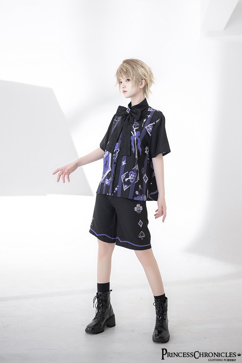 [Pre-order] Prince style blue-purple retro print blouse