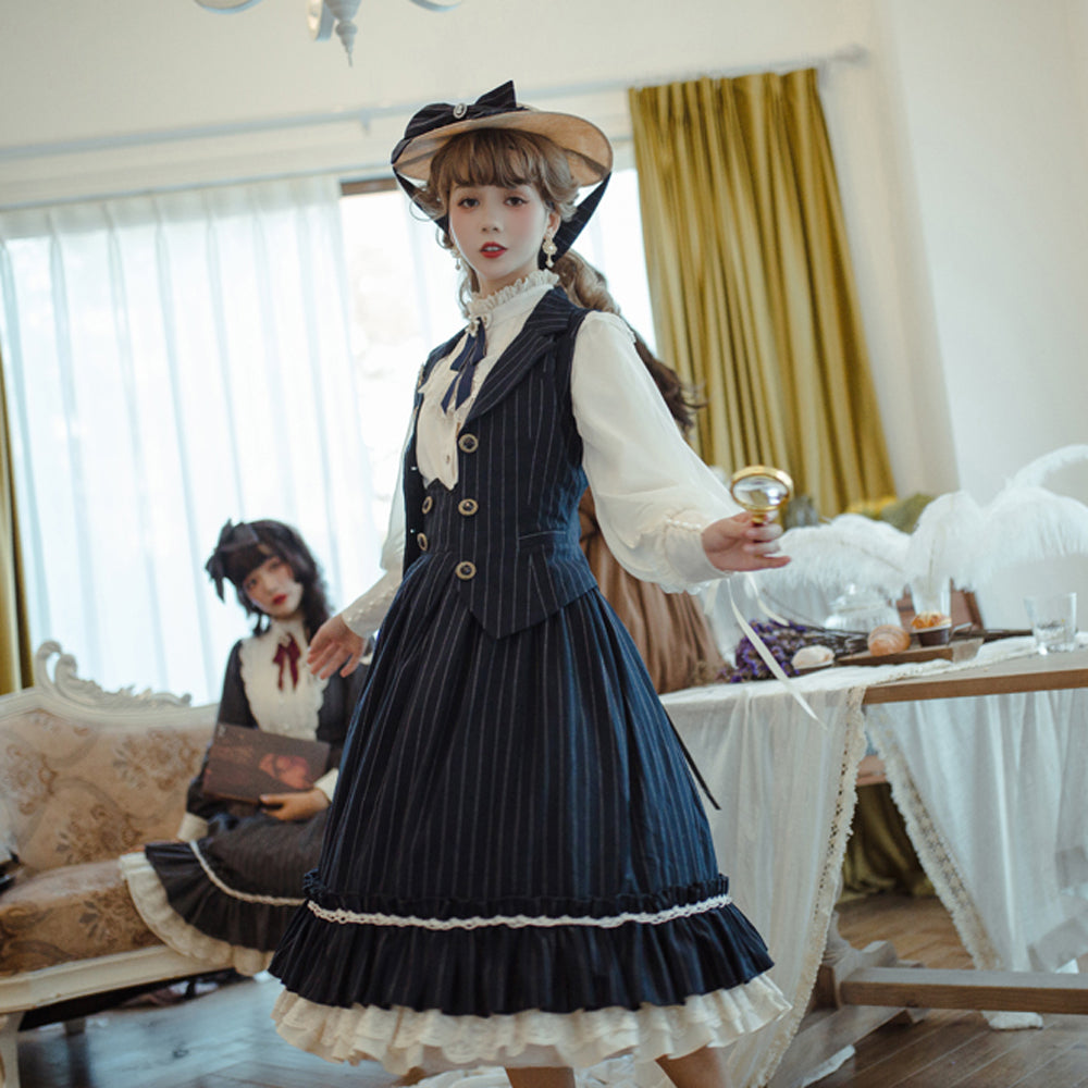 [Pre-order] British Classical Lolita Vertical Striped High Waist Skirt