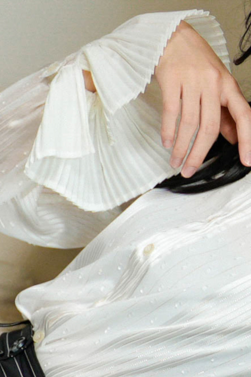French retro pleated cuff white blouse