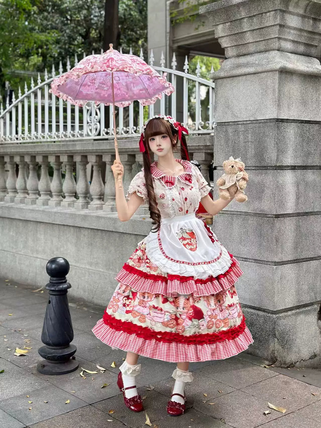 Strawberry Bear Cerenade 半袖ワンピース・レッド
