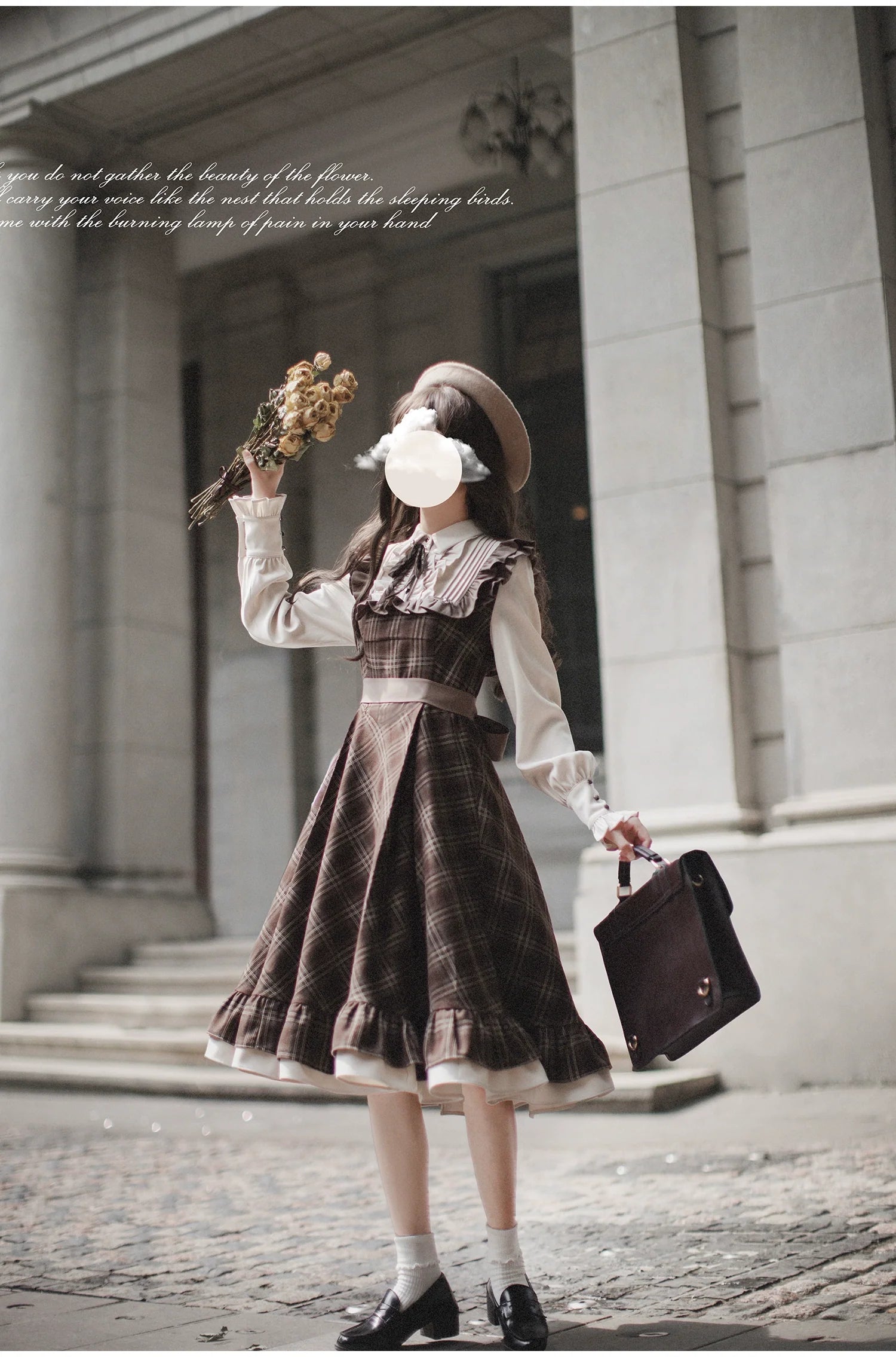 Tartan plaid pattern switching dress with ribbon tie