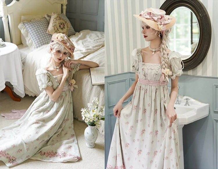 Roses Bouquet Square Neck High Waist Dress