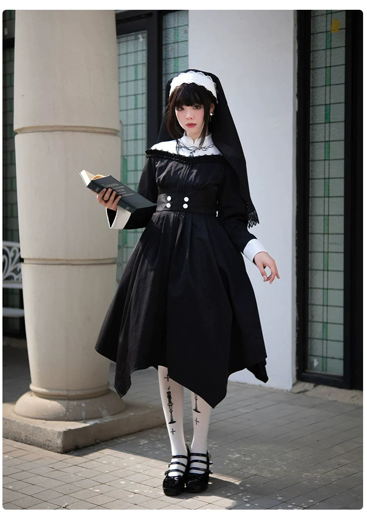Nun style stand up collar gothic dress