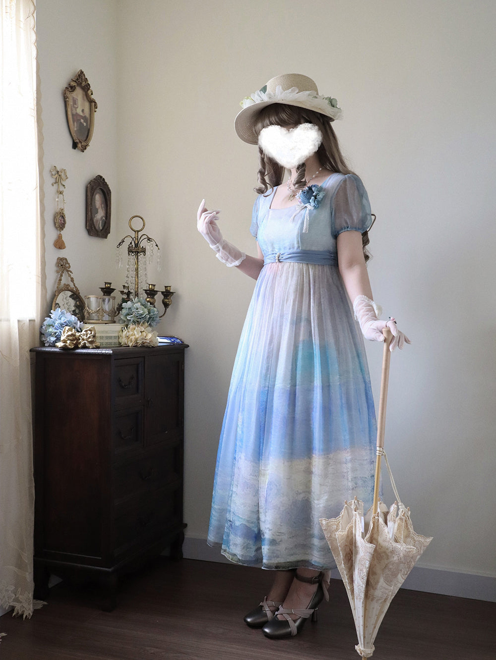 【予約販売】Elegance Greek 油彩画風プリントエンパイアワンピース・新色