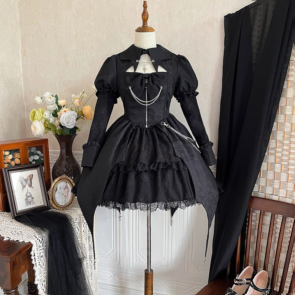 Black Rose Princess Bat Skirt Long Sleeve Dress