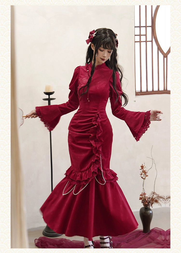 紅蝶 バタフライ刺繍のチャイナ風ドレス