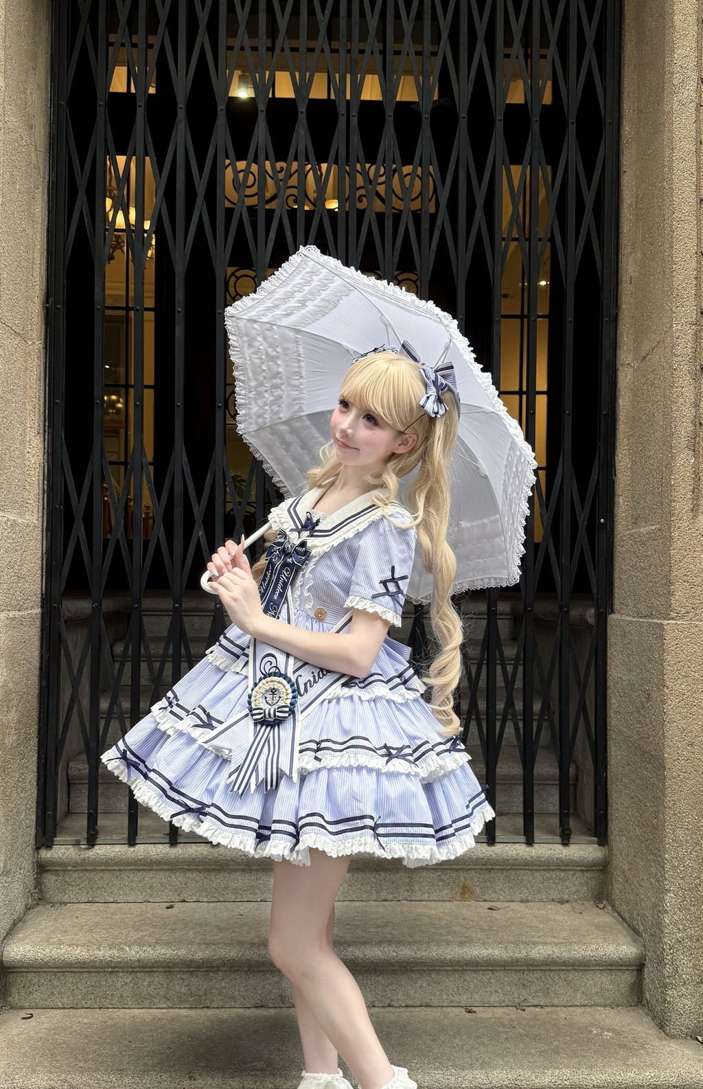 【受注予約4/28まで】セーラー襟と3段フリルの2wayマリンワンピース・ストライプ・ショート丈