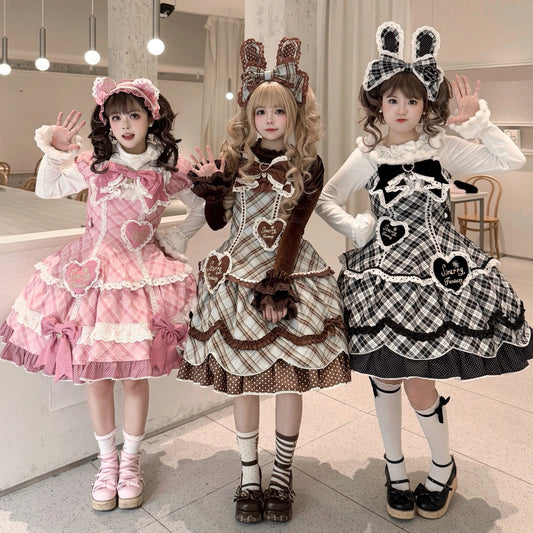 【受注予約11/13まで】Velvet Sweetie Heart チェックのジャンパースカート・ブラウン