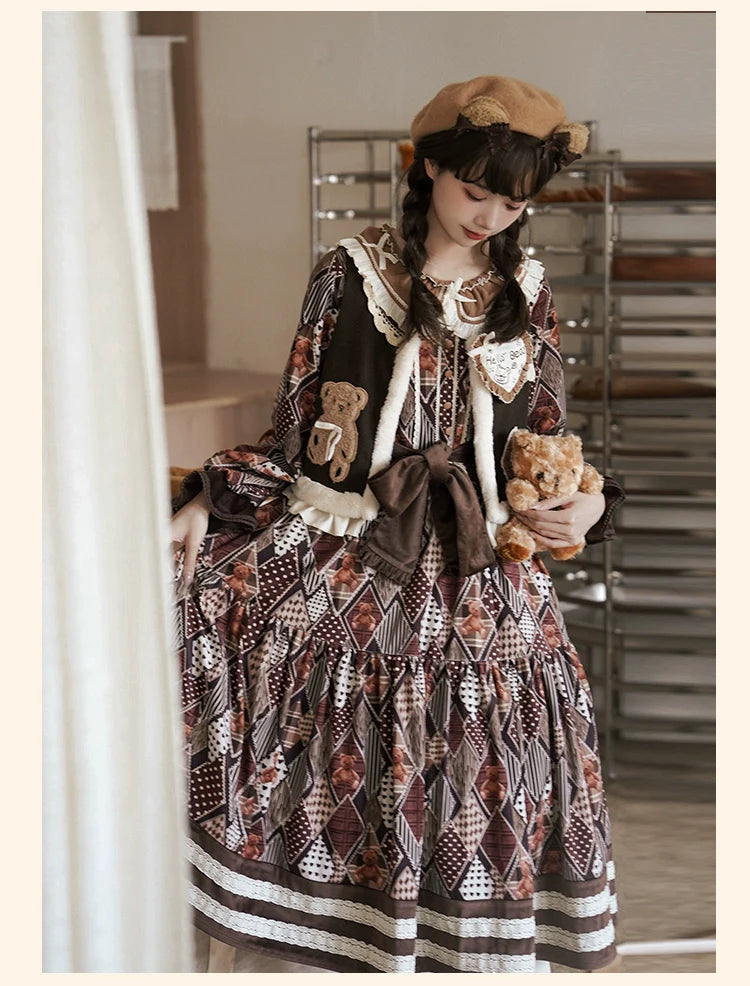 Hello Bear Diamond pattern dress and quilted vest
