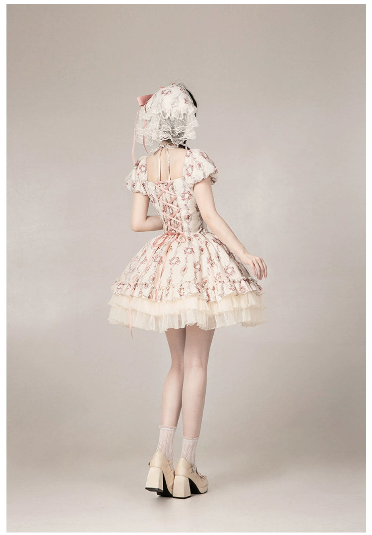 雨上がりの薔薇 プリントワンピース・ショート丈