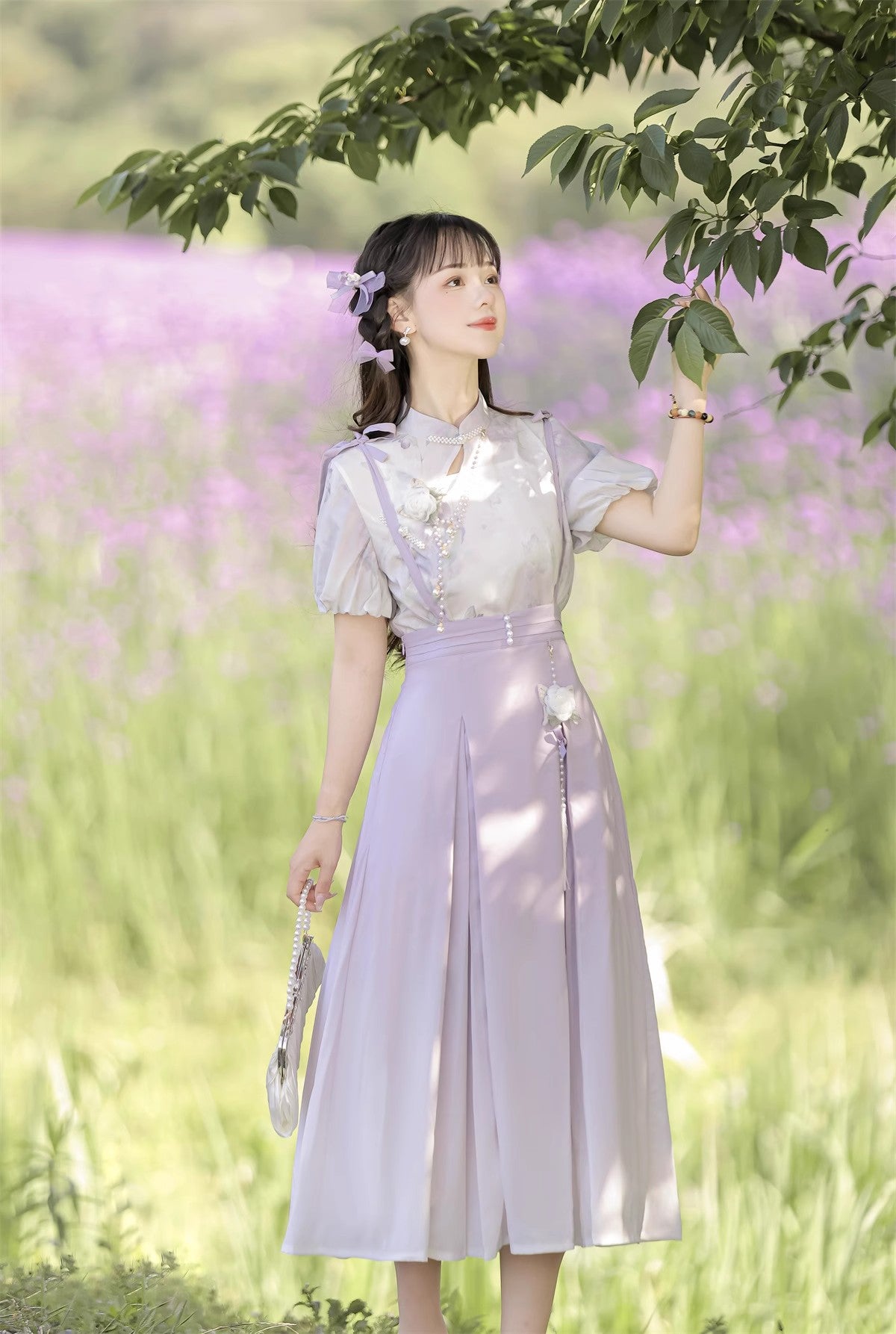 Pearl and Iris Flower Lolita Suspender Skirt and Sheer Blouse