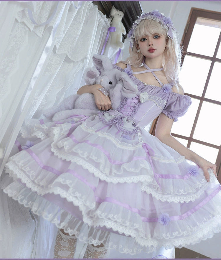 Ribbon embroidered lace dress and head dress available in 8 colors