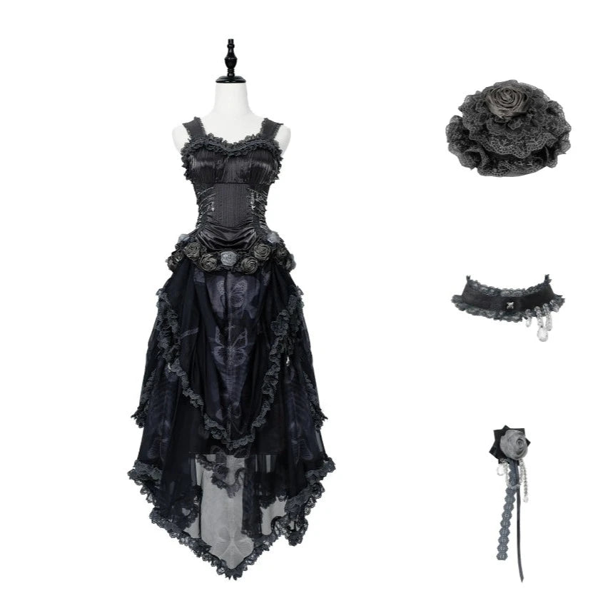 【販売期間終了】Rose Knight III サテンとオーガンジーのゴシックドレス【フロストグレー】