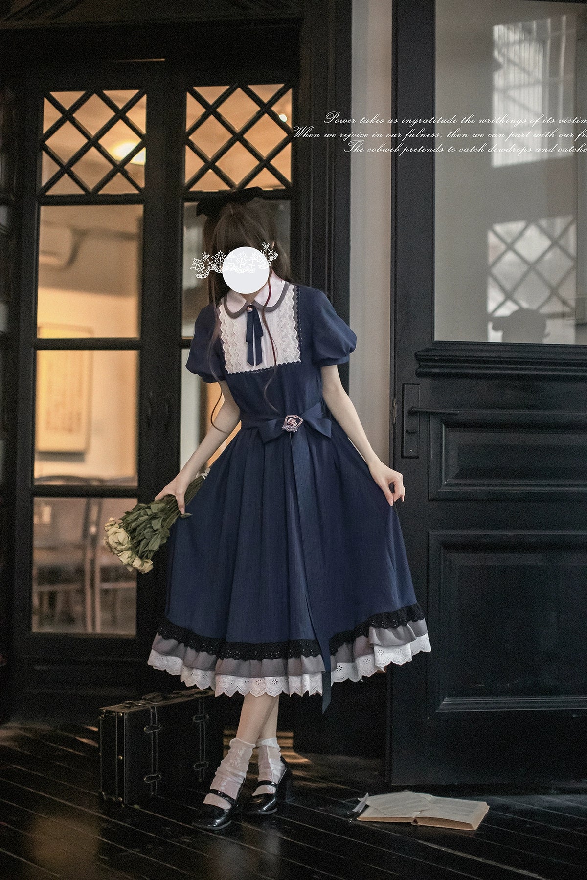 【予約販売】Phyllis ネイビーチェックのエレガントレトロ半袖ワンピース