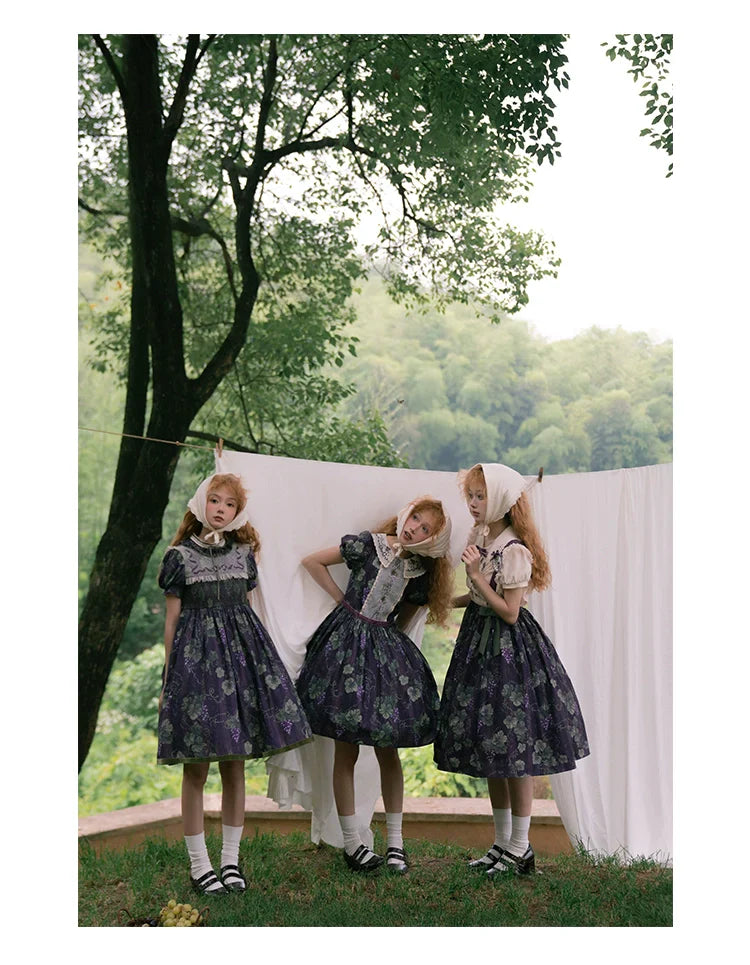 Sunny Rouge Grape pattern embroidered collar short sleeve dress