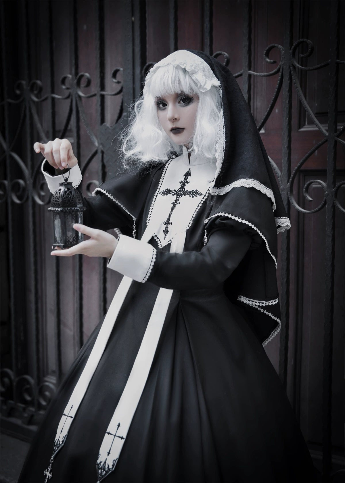 Nun-style cross-design gothic lolita long dress and cape