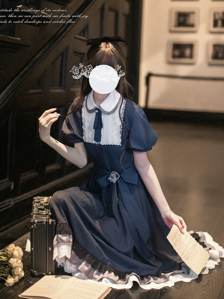 【予約販売】Phyllis ネイビーチェックのエレガントレトロ半袖ワンピース