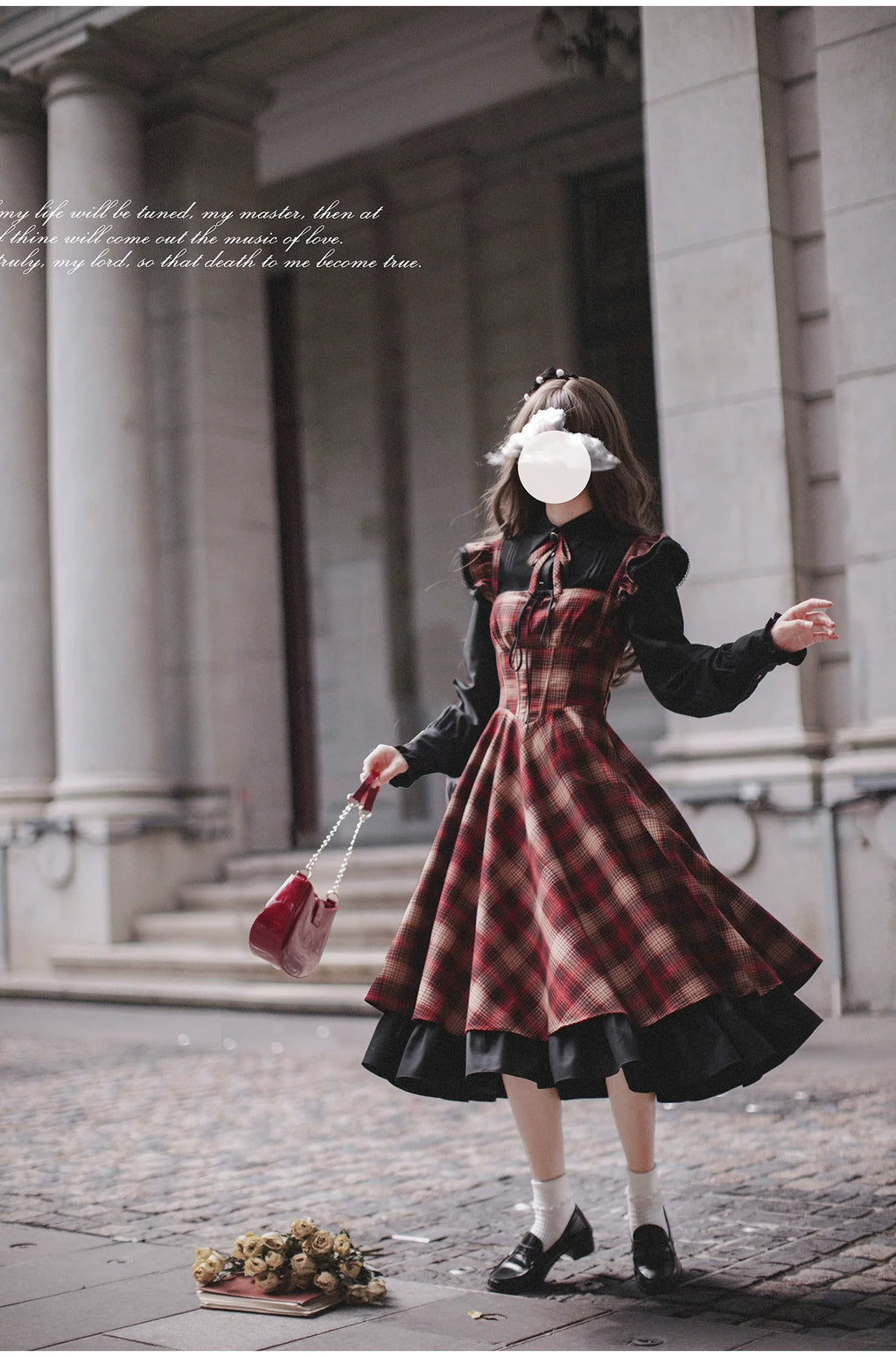 Red checked bicolor jumper skirt and black blouse