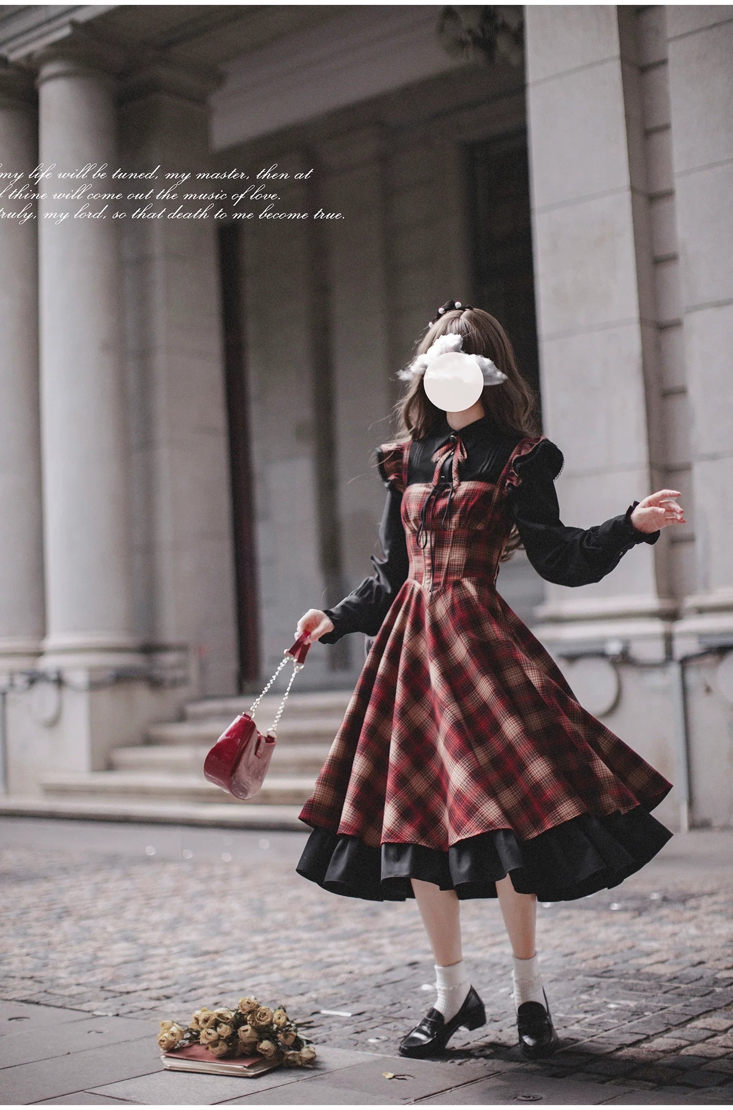 Red checked bicolor jumper skirt and black blouse