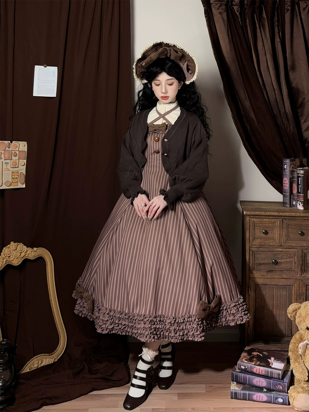 【予約販売】Classic Chocolat Stripe ストライプジャンパースカート・ロング丈