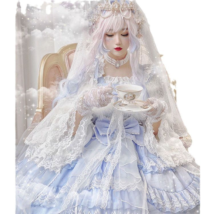 バラの涙 刺繍レースのミニ丈ジャンパースカート・サックス