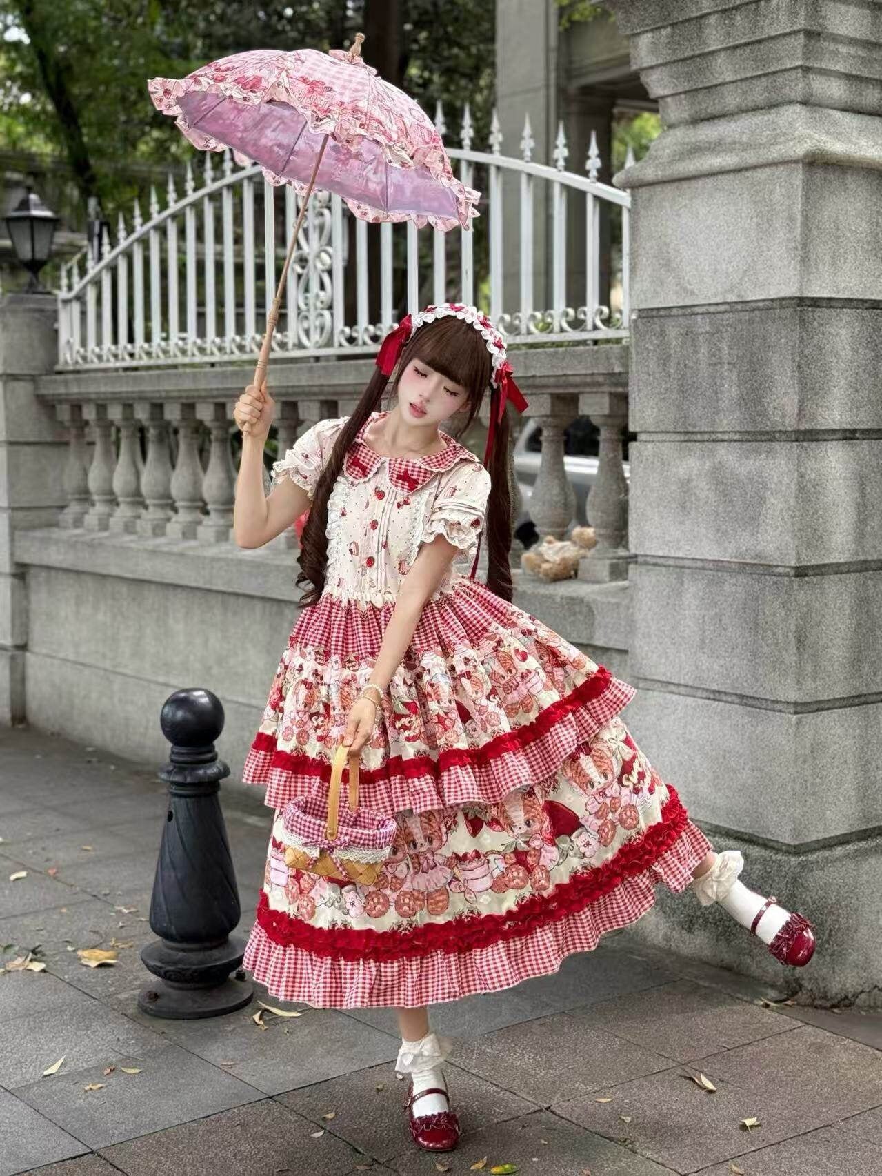 Strawberry Bear Cerenade 半袖ワンピース・レッド