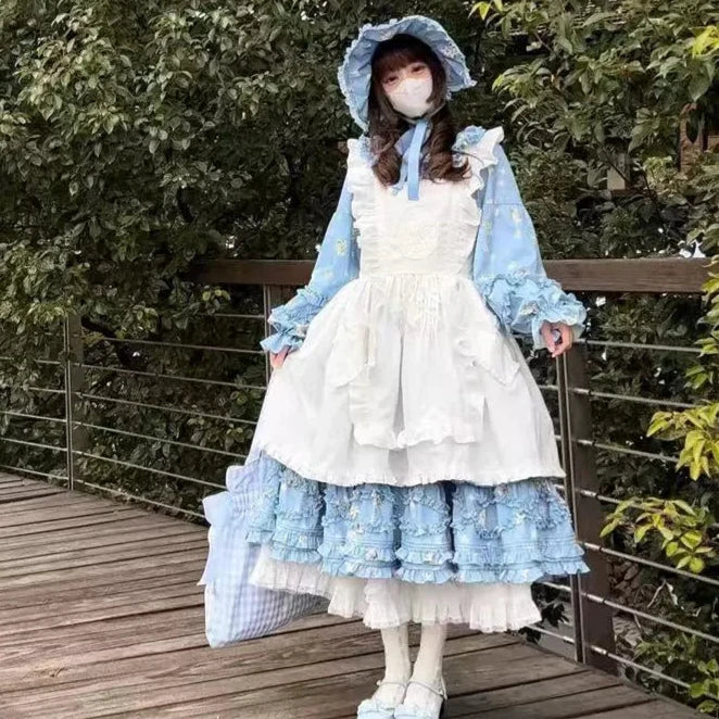 Fragments of Flowers 長袖ティアードワンピース・サックス
