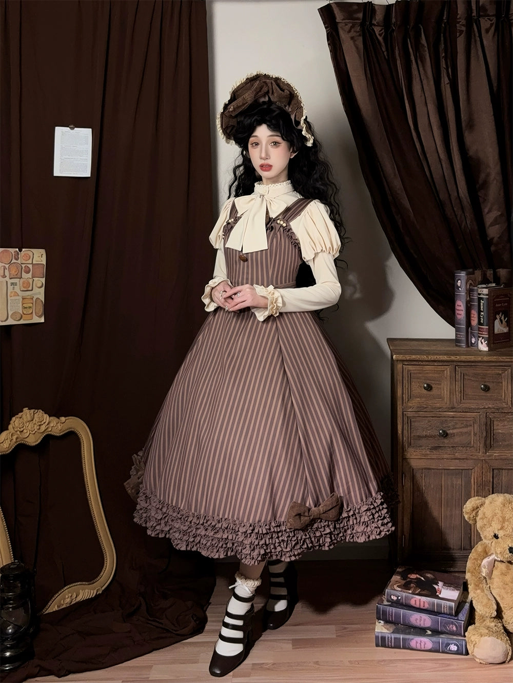 【予約販売】Classic Chocolat Stripe ストライプジャンパースカート・ロング丈