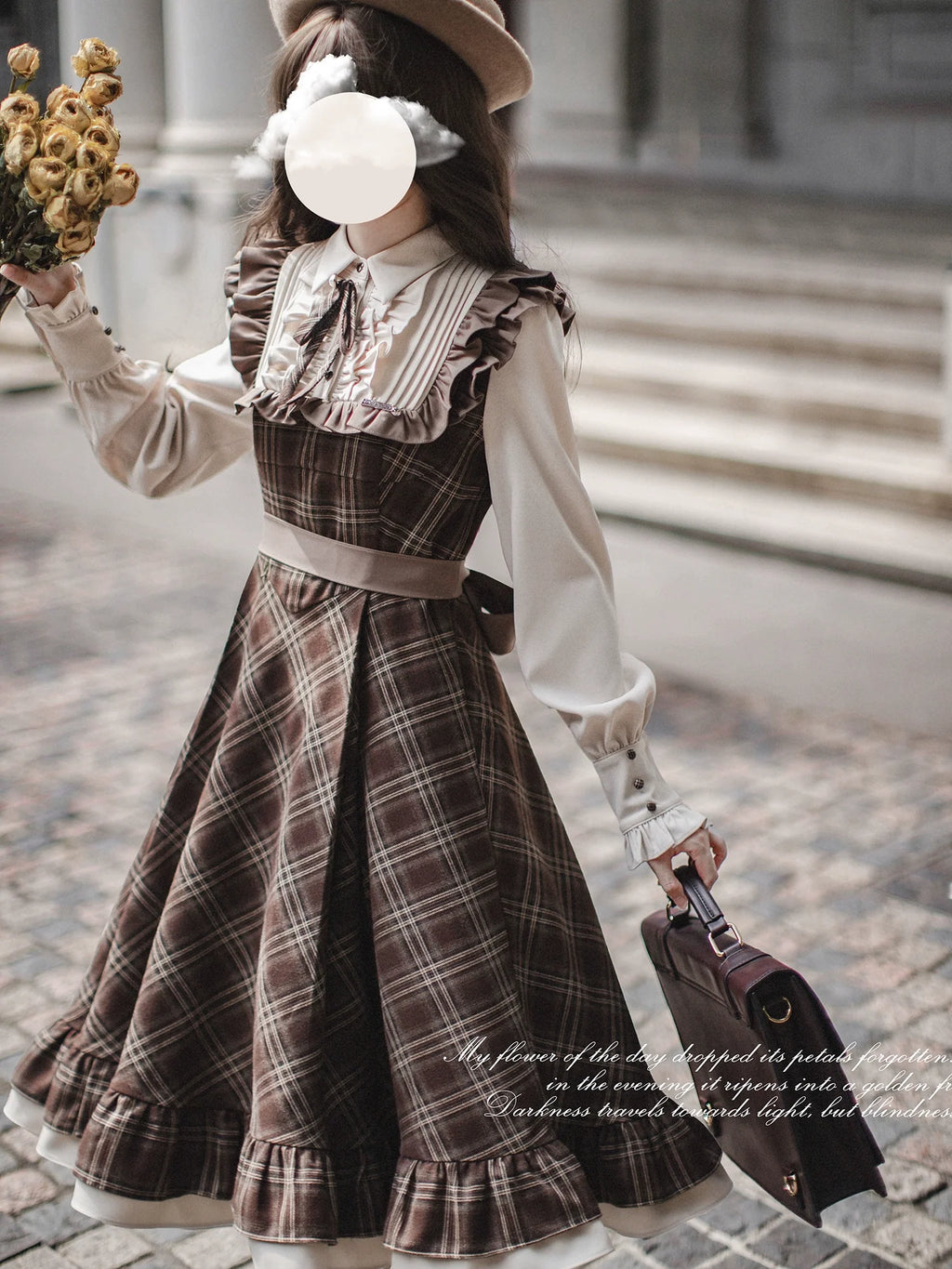 Tartan plaid pattern switching dress with ribbon tie