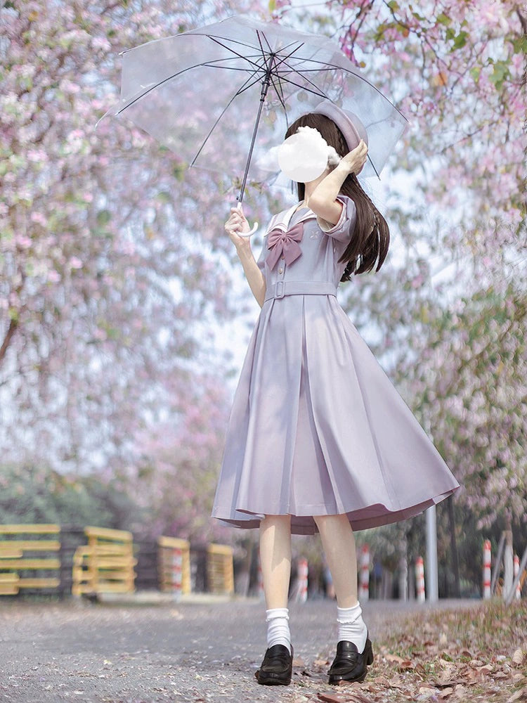 Misty Vine Wisteria Sailor Collar Short Sleeve Dress