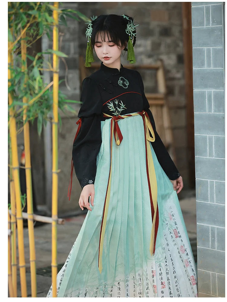 白緑 竹模様の漢服風フェイクツーピースドレス