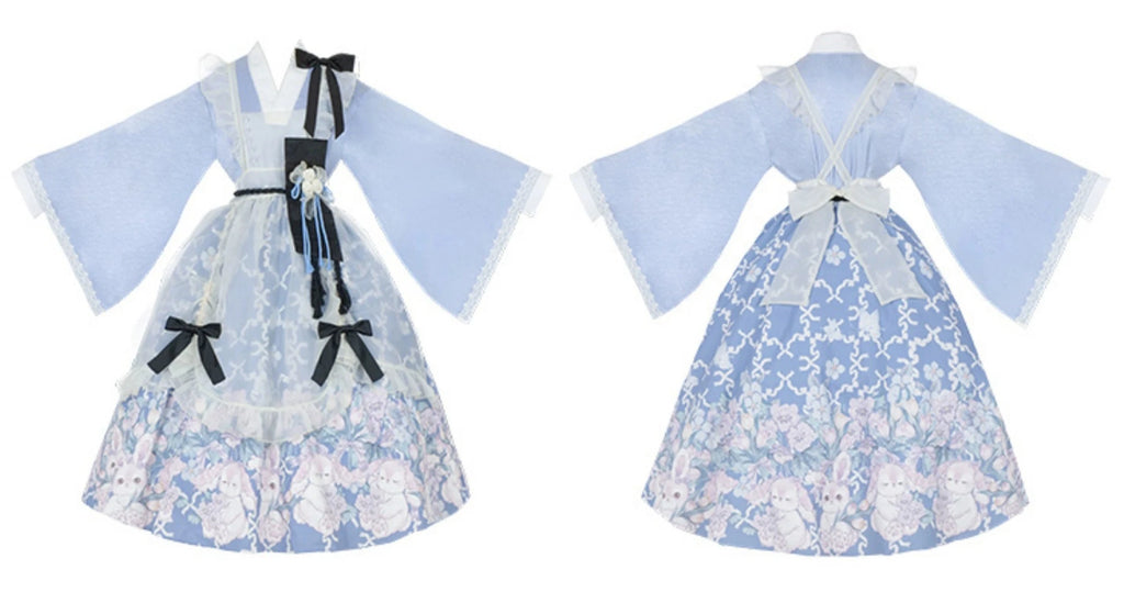 椿の花咲く庭 和風アリスのエプロン付きメイド服