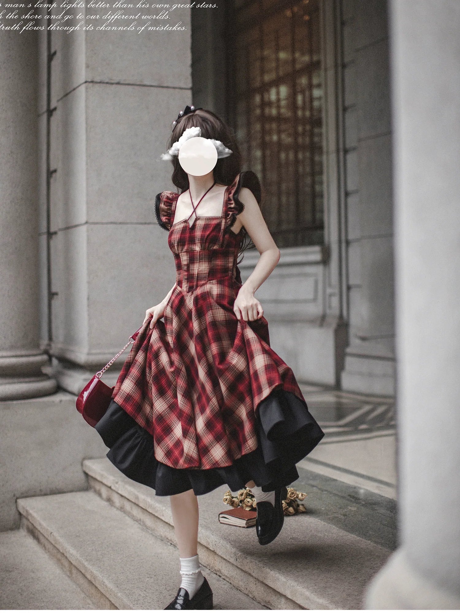 Red checked bicolor jumper skirt and black blouse