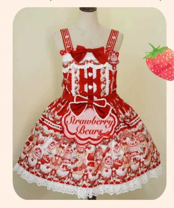 [Pre-orders available until 8/28] Bear Strawberry Garden Overalls Skirt 3-piece set