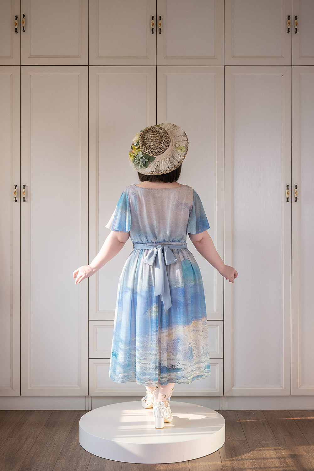 【予約販売】Elegance Greek 油彩画風プリントフレアスリーブジャンパースカート・新色