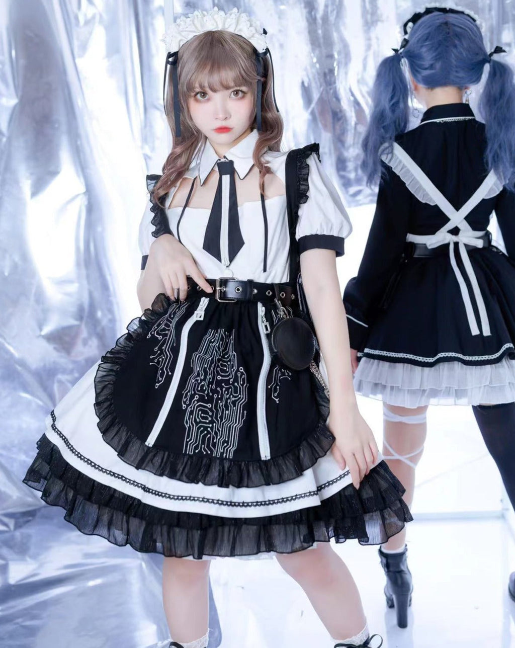 【アウトレット】SFメイド ゴスロリエプロン付き半袖ワンピース・ホワイト・3XL・即納