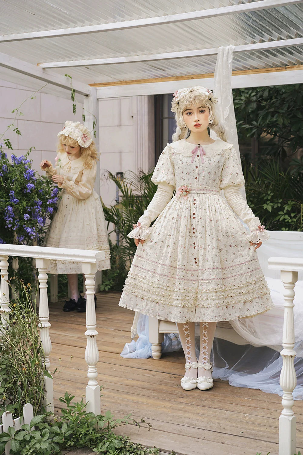 【予約販売】Pink Flower 小花模様のボタン付コットンワンピース