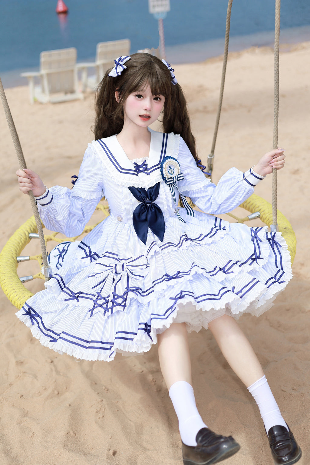 【受注予約4/28まで】セーラー襟と3段フリルの2wayマリンワンピース・ストライプ・ミドル丈
