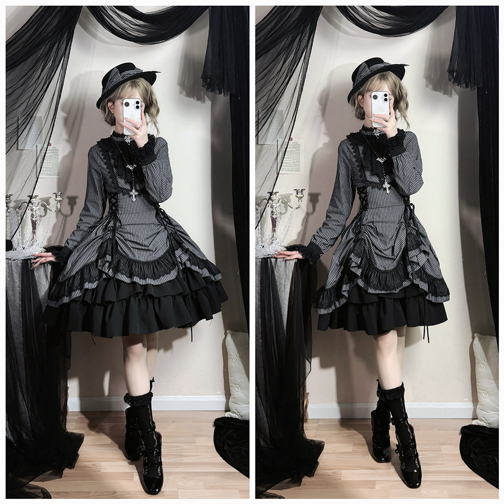 【受注予約1/7まで】領主貴族のゴスロリ スタンドカラーワンピース 縦縞タイプ・新色