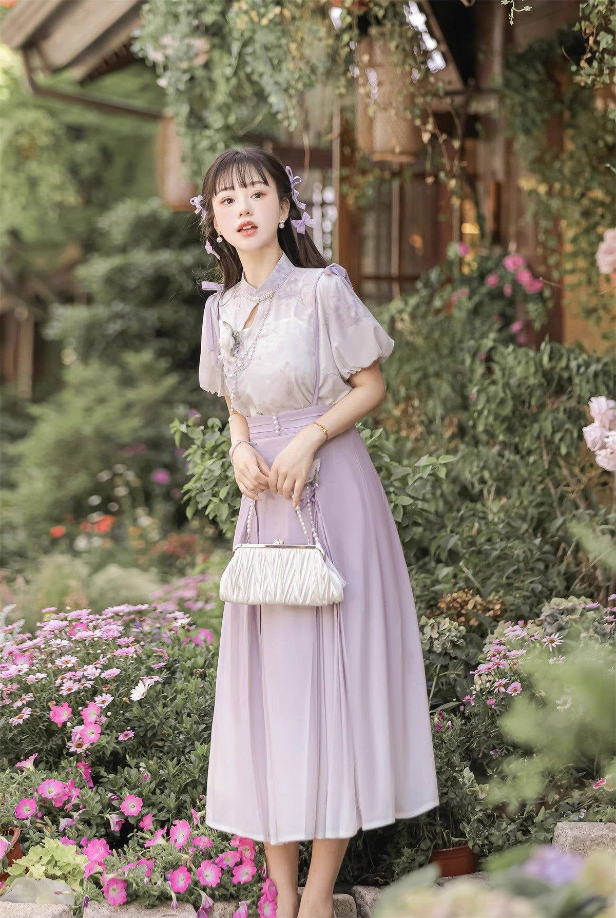 Pearl and Iris Flower Lolita Suspender Skirt and Sheer Blouse