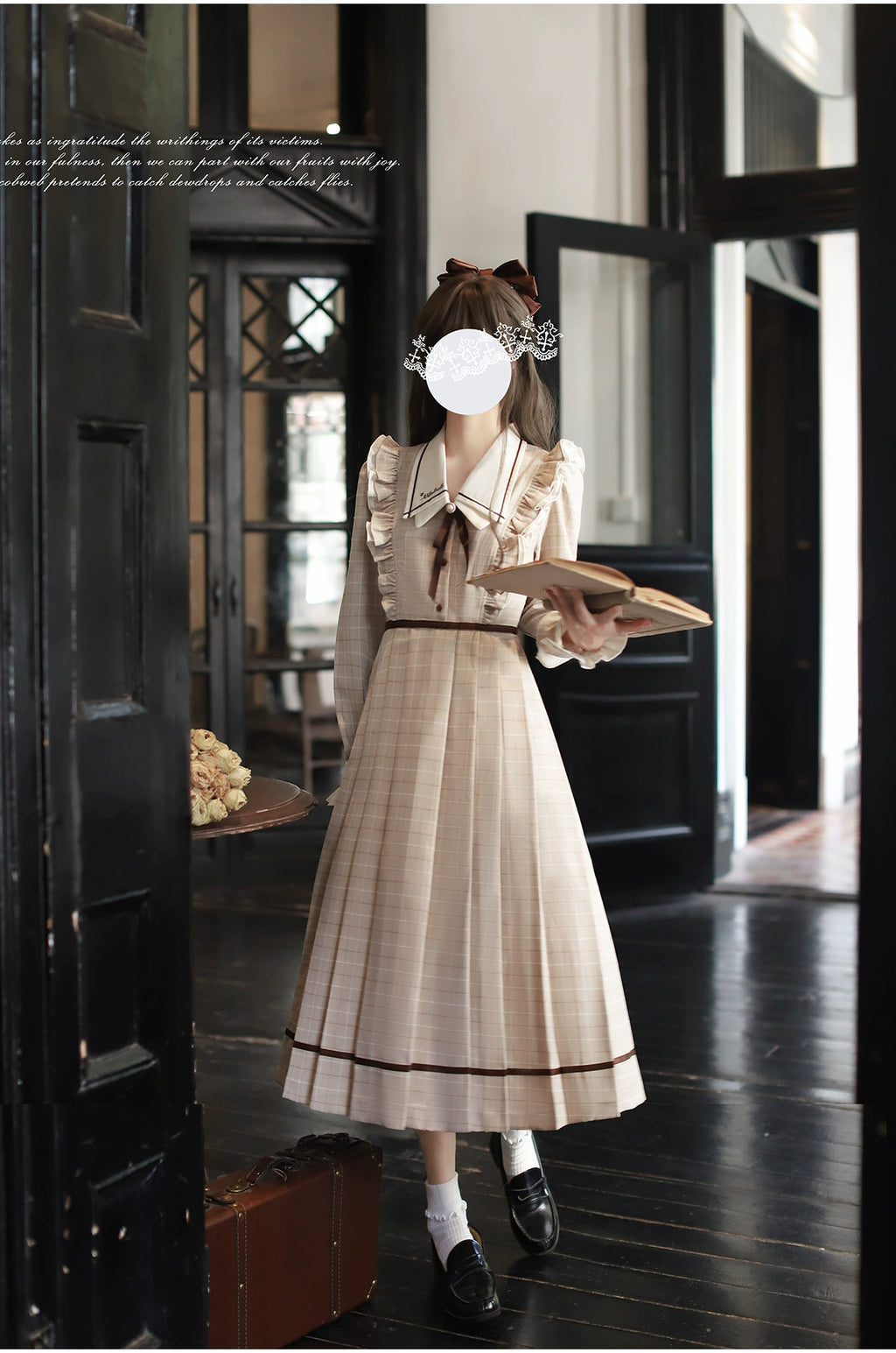 [Pre-order] Betty French Retro Beige Check Long Sleeve Dress